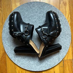 Coach 10B Rana Black Leather 5" Heel Clogs With Tassel